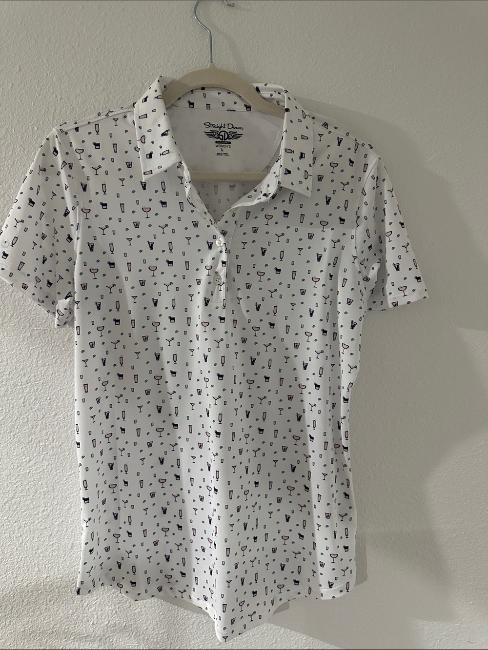 White Short-Sleeve Button-Down Golf Polo with Mini Icon Print - Straight Down